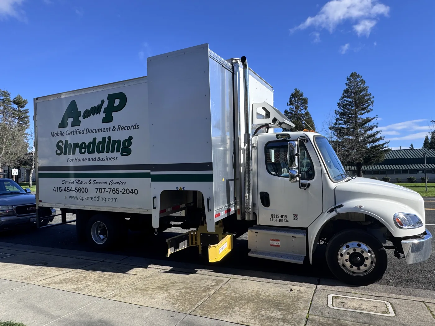 A mobile document-shredding truck of the kind used at drive-thru shred events. The picture was taken in California and does not show the Davie event.