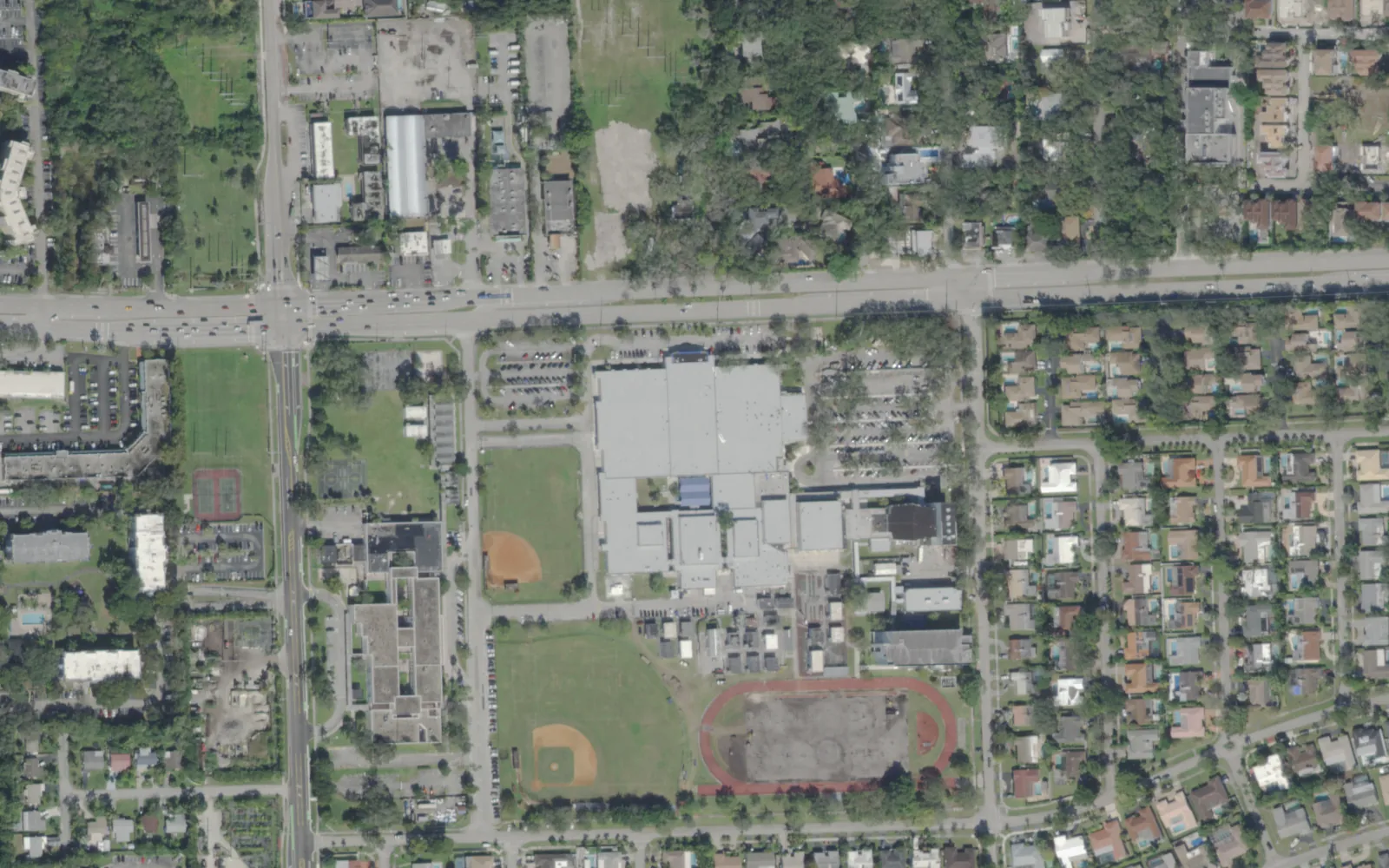 Hollywood Hills High School's campus on Stirling Road in Hollywood, seen from the air