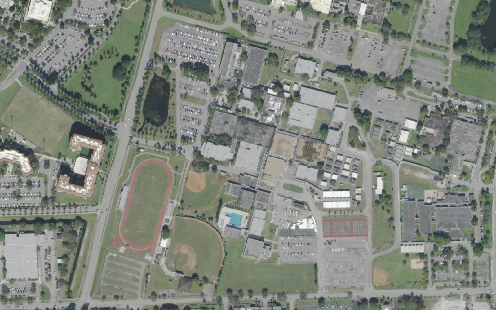 Nova High School's campus on College Avenue in Davie, with its track and ball fields, seen from the air